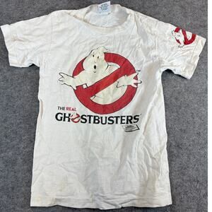 VINTAGE 80s The Real Ghostbusters Shirt Youth Medium White Single Stitch Tee USA